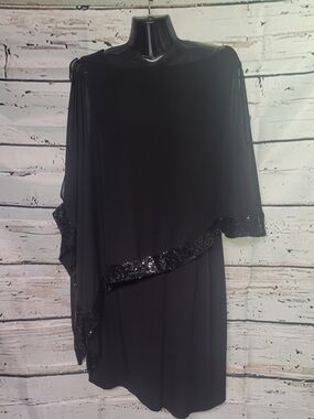 Lori M Collection Black Sequin Overlay Cocktail Dress Women's Large Cape Sheer